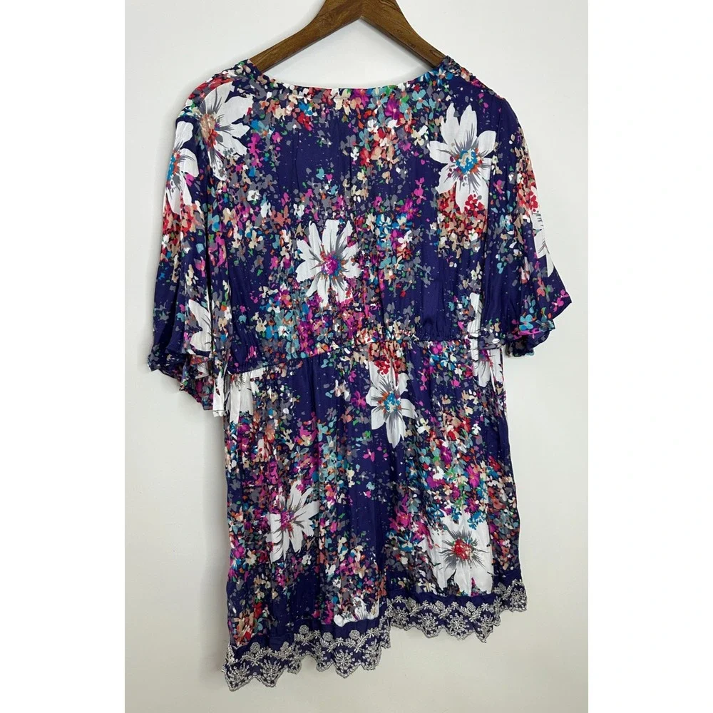 John Paul Richard 2 Pc Floral Lace Trim Tunic Top & Cami Mini Dress Purple Large - Picture 9 of 11